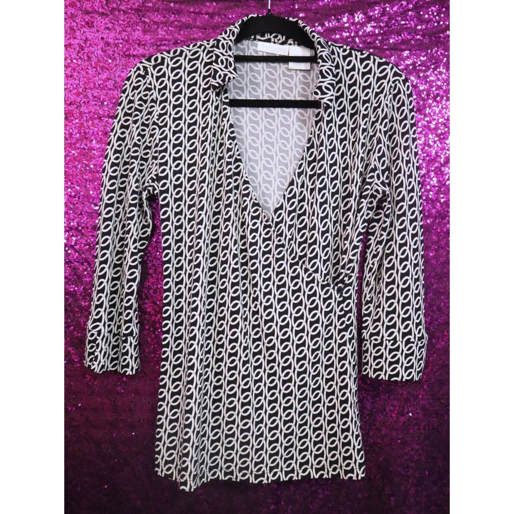 Black White Faux Wrap Top M Worthington Womens Geometric Chain Link Shirt
